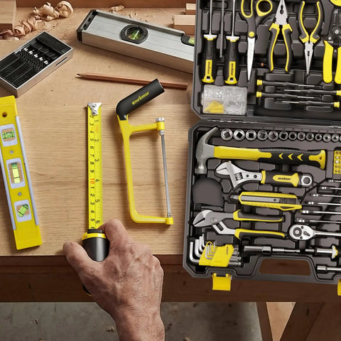 Must Have All In One Home Tool Kit With Toolbox Storage Case For DIY Home Repairs And Auto Maintenance Includes Ratchet Set Screwdrivers Pliers Wrenches Hammer Tape Measure Utility Knife And More