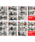 Hella Tough Variable Speed Belt Sander With 72 By 2 Inch Sandpaper Belt installation steps and usage guide on foldable stand.