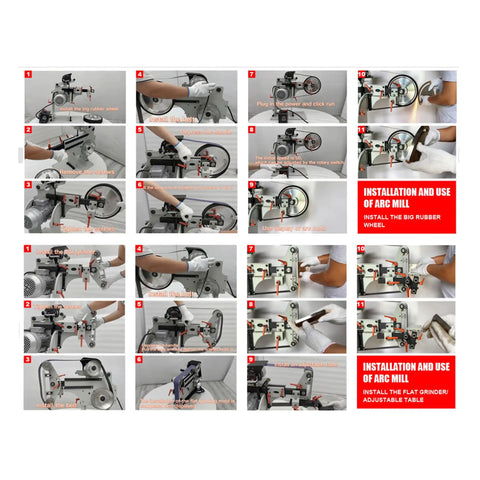 Hella Tough Variable Speed Belt Sander With 72 By 2 Inch Sandpaper Belt installation steps and usage guide on foldable stand.