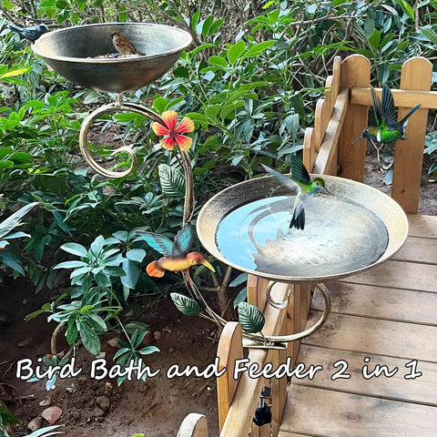 Sturdy Two In One Deck Bird Bath And Feeder Combo With Adjustable Railing Clamp Antique Gold Metal Yard Ornament featuring birds and tropical leaves.