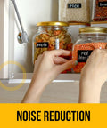 Hands applying clear self adhesive cabinet bumpers 128 pack for no more slams rubber door and drawer cushions.