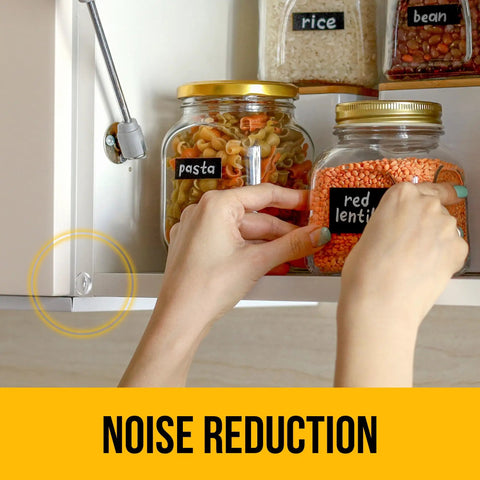 Hands applying clear self adhesive cabinet bumpers 128 pack for no more slams rubber door and drawer cushions.