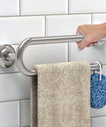 Heavy Duty Bathroom Grab Bar With Toilet Paper Holder, 250Lb Support, 16 Inch Stud Mount, Matte Black Stainless Steel on tiled wall