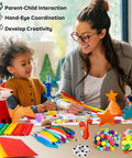 Mother and child using All-In-One Kids Arts and Crafts Kit with glitter sticks, pipe cleaners, pom poms for creative fun.