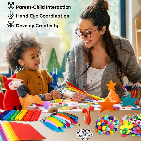 Mother and child using All-In-One Kids Arts and Crafts Kit with glitter sticks, pipe cleaners, pom poms for creative fun.