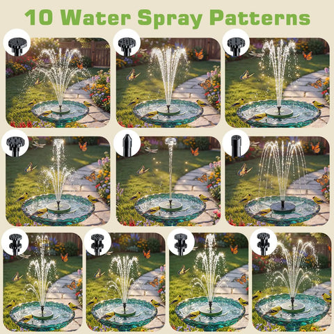 Go To Solar Water Pump Fountain For Garden Bird Bath With Built In 1500mAh Battery 3.5W Panel And 8 Nozzles High Efficiency Glass Panels showing 10 water spray patterns in a garden setting.