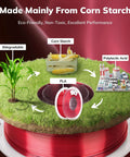 Graphic highlighting Silk Dual Color PLA Filament 1.75mm Red Black Coextrusion, showing corn starch origin and eco-friendly features.