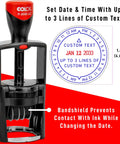 Rock Solid Heavy Duty Self Inking Date And Time Stamp With Custom Text Message And Crisp Black Ink for easy date setting.