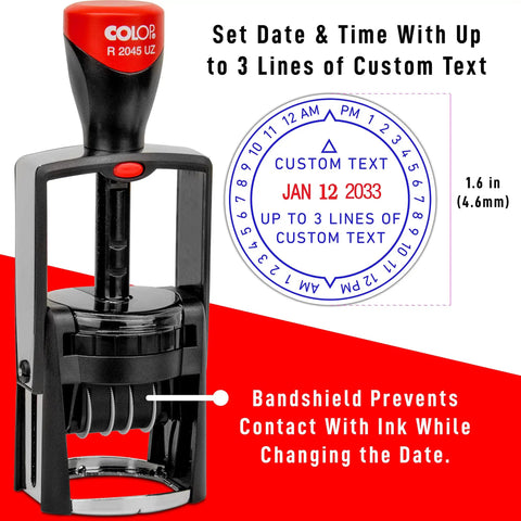 Rock Solid Heavy Duty Self Inking Date And Time Stamp With Custom Text Message And Crisp Black Ink for easy date setting.
