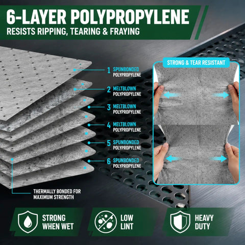 6-layer polypropylene construction of Heavy Duty Oil Absorbent Pads 15 By 20 Inches 50 Pack showing strength and resistance.