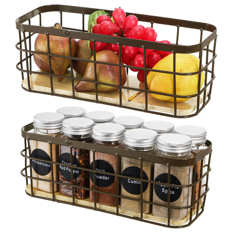 Set of 2 Small Wire Baskets for Countertop Storage, Rustic Farmhouse Style Organizer with fruits and spices