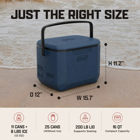 16 Quart Portable Cooler That Keeps Ice Cold For Up To 36 Hours With TempLock Foam Insulation on beach, sapphire color.