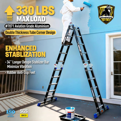 Heavy Duty 7 In 1 Folding Telescoping Ladder 19.6 Ft Aluminum Extension Ladder With 330 Lb Capacity For Home Projects And Professional Jobs Beefy Safe Durable And Easy To Use On High Ceilings And Tight Spots. man using A-frame ladder for painting high wall