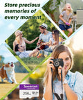 Collage featuring a 256GB Micro SDXC Memory Card With Adapter For Dashcams And Security Cams, people capturing memories.