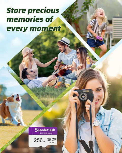Collage featuring a 256GB Micro SDXC Memory Card With Adapter For Dashcams And Security Cams, people capturing memories.