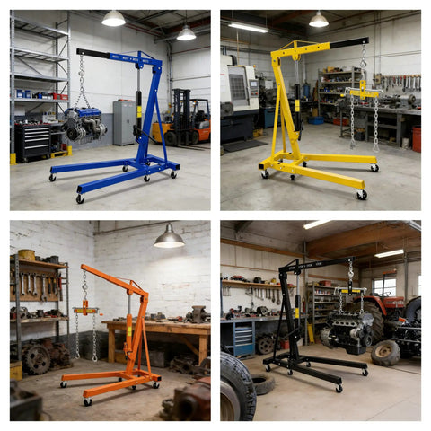 Heavy Duty 2 Ton Hydraulic Engine Hoist Cherry Picker With Manual Pump Lever And Compact Fold Steel Frame in different colors.