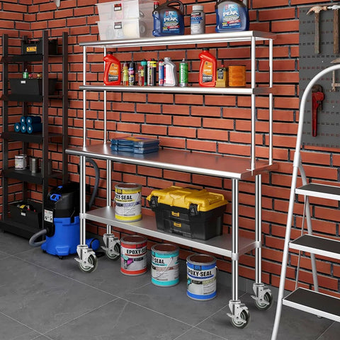 4 Inch Prep Table Caster Wheels Set Of 4 With Expanding Stem installed on a stainless steel shelving unit in a workshop.