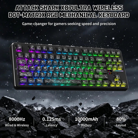 Top Shelf Wireless Mechanical Keyboard With Blazing 8k Polling Speed And A Rock Solid 10000Mah Cell Mounted On A Clever Dot Matrix Panel Plus Dope 168 Million Rgb Backlights For Your Pro Gamer Desk Rig viewed from above, featuring colored RGB lights and a sleek design.