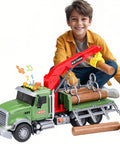 Child playing with Big Tow Truck With Crane For Kids Ages 4 To 12 Logging Truck With Music And Lights, depicting colorful vehicle and crane action.