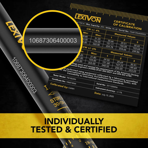 Quarter Inch Drive Torque Wrench With Dual Scale 30 To 250 Inch Pounds And 3.4 To 28.2 Newton Meters Pre Calibrated For Precision With Serial Numbered Calibration Certificate Premium Rubber Grip Handle Deluxe Hybrid Case, calibration certificate