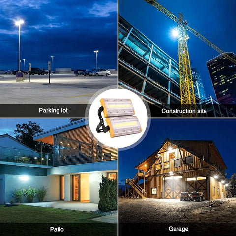 Heavy Duty 100W LED Flood Lights Hella Bright IP65 Waterproof Security Lamps illuminate parking lot and construction site at night.