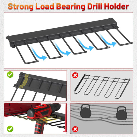 Power Tool Organizer Wall Mount With Charging Station For Garage And Workshop Eight Outlet Charger Holds Drills And Tools With Adjustable Rack And Multiple Hooks A Space Saving Gift For Fathers Day featuring strong load bearing drill holder.