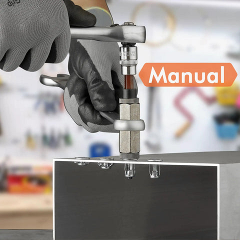 All In One Jack Nut Installation Tool Set for Thin Metal Plastic and Wood Panels with Stainless Steel Hand Riveter in use