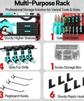 Heavy Duty 3 Layer Power Tool Organizer Wall Mount With Charging Station And 6 Outlet Power Strip Adjustable Metal Storage Rack Drill Holders Hooks And Drill Bit Rack For Garage And Workshop Red with labeled slots and tools