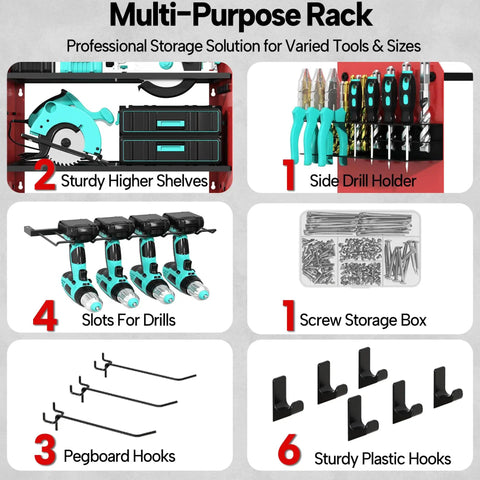 Heavy Duty 3 Layer Power Tool Organizer Wall Mount With Charging Station And 6 Outlet Power Strip Adjustable Metal Storage Rack Drill Holders Hooks And Drill Bit Rack For Garage And Workshop Red with labeled slots and tools