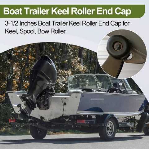 Boat Trailer Keel Roller End Caps 3.5 Inch Black Rubber on trailer with boat and focus on roller end cap