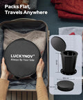 Heavy Duty Portable Folding Toilet For Camping And Travel shown packed in a suitcase with dimensions, lid, and ergonomic design visible