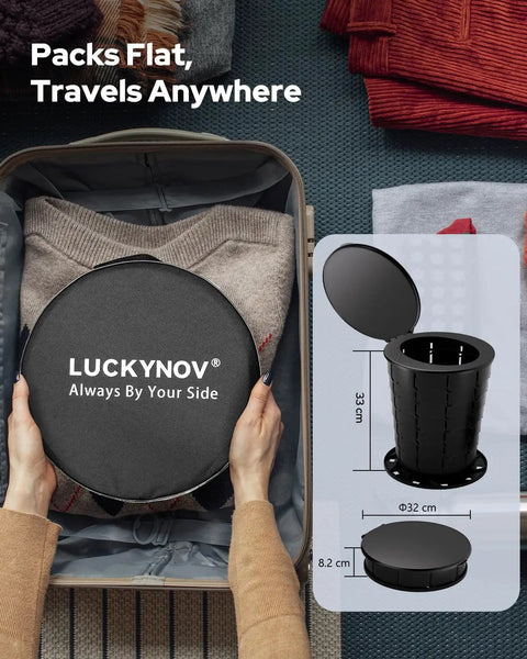 Heavy Duty Portable Folding Toilet For Camping And Travel shown packed in a suitcase with dimensions, lid, and ergonomic design visible