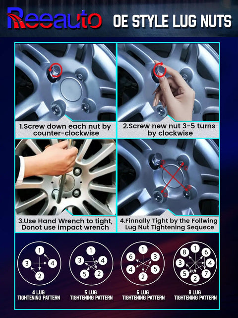 Instructions for Solid M14 X 1.5 Wheel Lock Lug Nuts With Anti Theft Key Sockets installation and tightening patterns.