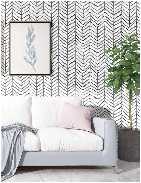 Living room with Peel And Stick Black And White Herringbone Wallpaper With Self Adhesive Vinyl Decor Easy Install No Mess Durable And Removable.
