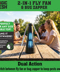 2 In 1 Fly Fan And Mosquito Zapper For Indoor Or Outdoor Use on table, rechargeable electric pest swatter for patios and cookouts