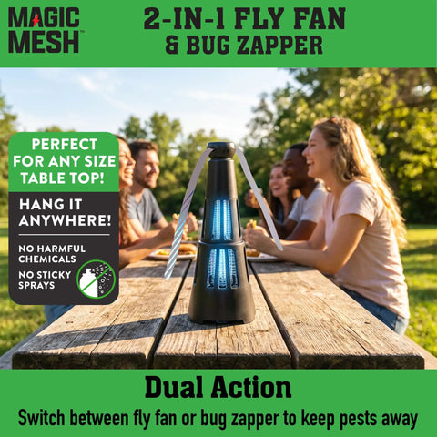 2 In 1 Fly Fan And Mosquito Zapper For Indoor Or Outdoor Use on table, rechargeable electric pest swatter for patios and cookouts
