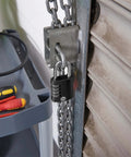 4 Digit Combo Padlock For Indoor And Outdoor Use All Weather Waterproof With Hardened Steel Shackle securing a storage chain