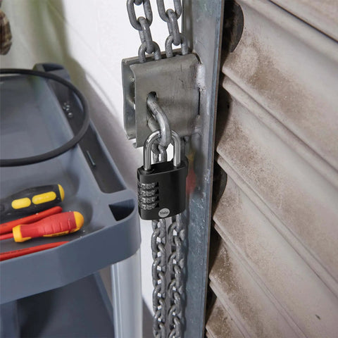 4 Digit Combo Padlock For Indoor And Outdoor Use All Weather Waterproof With Hardened Steel Shackle securing a storage chain