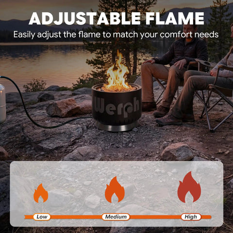 17 Inch Compact Propane Fire Pit With 58000 BTU Lightweight Outdoor Heater For Camping outdoors showing adjustable flame