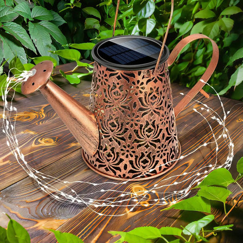 Waterproof Solar Watering Can Lights Outdoor Hanging Garden Decor For Yard Patio Lawn With Copper Rose Pattern 90 LED Fairy String