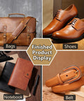 Finished leather product display including bag, shoes, notebook, and belt in various brown shades.
