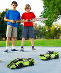Kids playing with 2-In-1 Remote Control Race Car And Off Road Truck Building Set For Kids, Hands-On STEM Toys With Snap Together Blocks