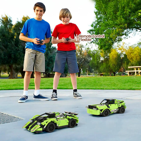 Kids playing with 2-In-1 Remote Control Race Car And Off Road Truck Building Set For Kids, Hands-On STEM Toys With Snap Together Blocks