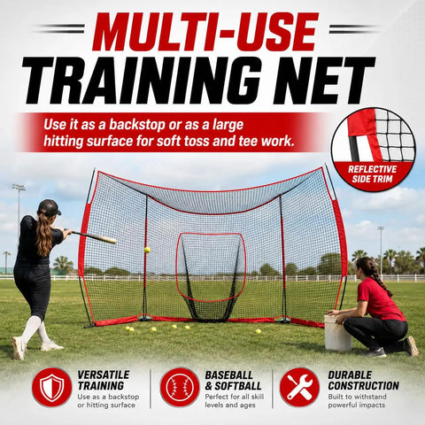 Portable Baseball Backstop Net With Batting Tee And Ball Caddy Collapsible Softball Batting Cage for pitching and hitting use.