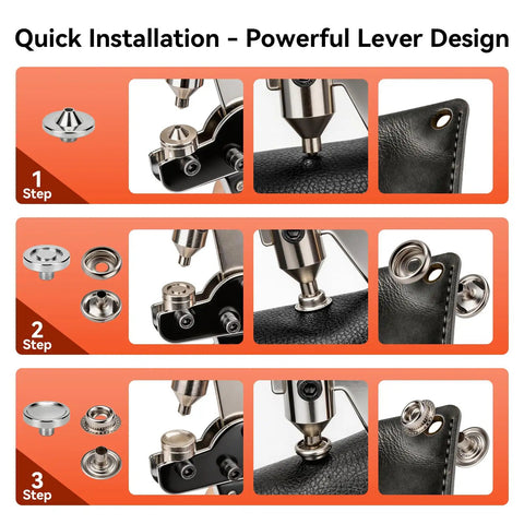 Snap Fastener Tool Kit With 100 Sets Of 15mm Boat Cover Snaps Heavy Duty For Fabric Leather RV Boat Canvas Sewing And DIY Crafts displayed with installation steps on black fabric.