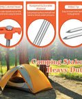 Infographic showing Beefy Heavy Duty 10 Inch Tent Stakes And Hammer Kit 10 Pack for easy setup with orange tent in background.