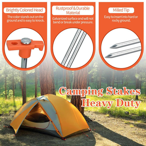 Infographic showing Beefy Heavy Duty 10 Inch Tent Stakes And Hammer Kit 10 Pack for easy setup with orange tent in background.
