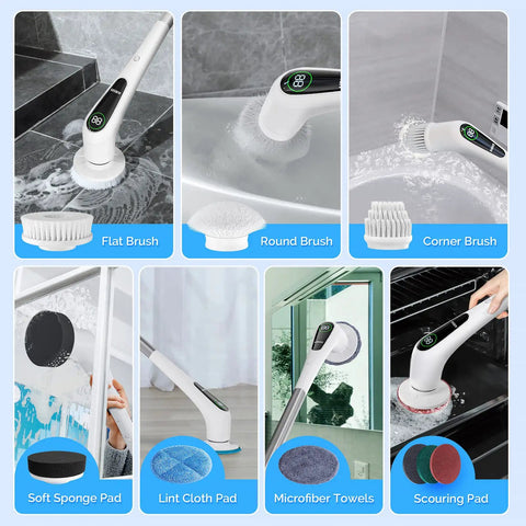 Electric Spin Scrubber With 2 Speed Settings 4 Adjustable Extended Handles 9 Replaceable Brush Heads LED Screen Cleans Bathroom