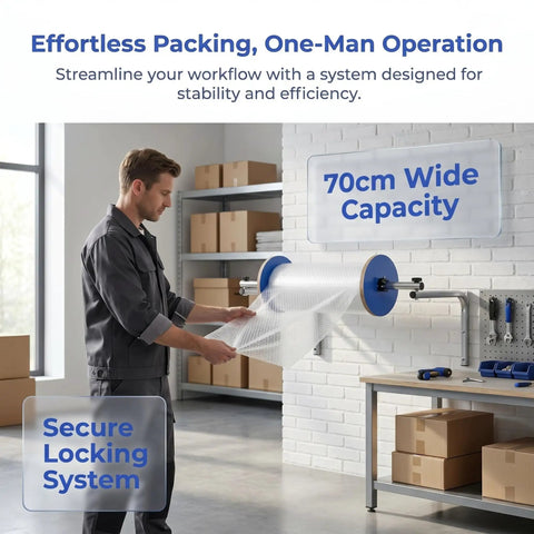 Man using Straight Up Wall Mount Bubble Wrap Dispenser And Rock Solid Foam Roll Holder For Pro Level Packing Stations.