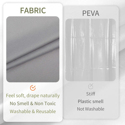 Comparison between fabric and PEVA shower curtain liners, highlighting softness, drape, and washability of fabric liner.